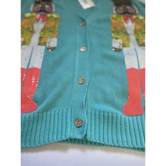 Queen of Sparkles Nutcracker Sequin Cardigan Sweater Teal Button Front – Medium - Picture 3 of 13